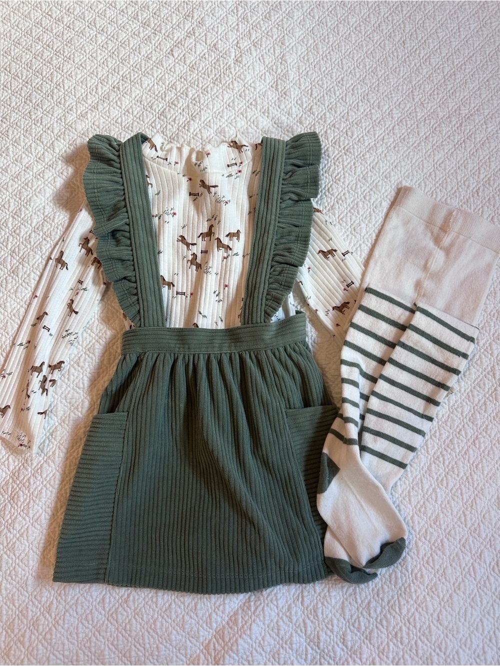 Wonder Nation Girls 2T Horse Print Corduroy Jumper Dress Tights 3 Pc Set